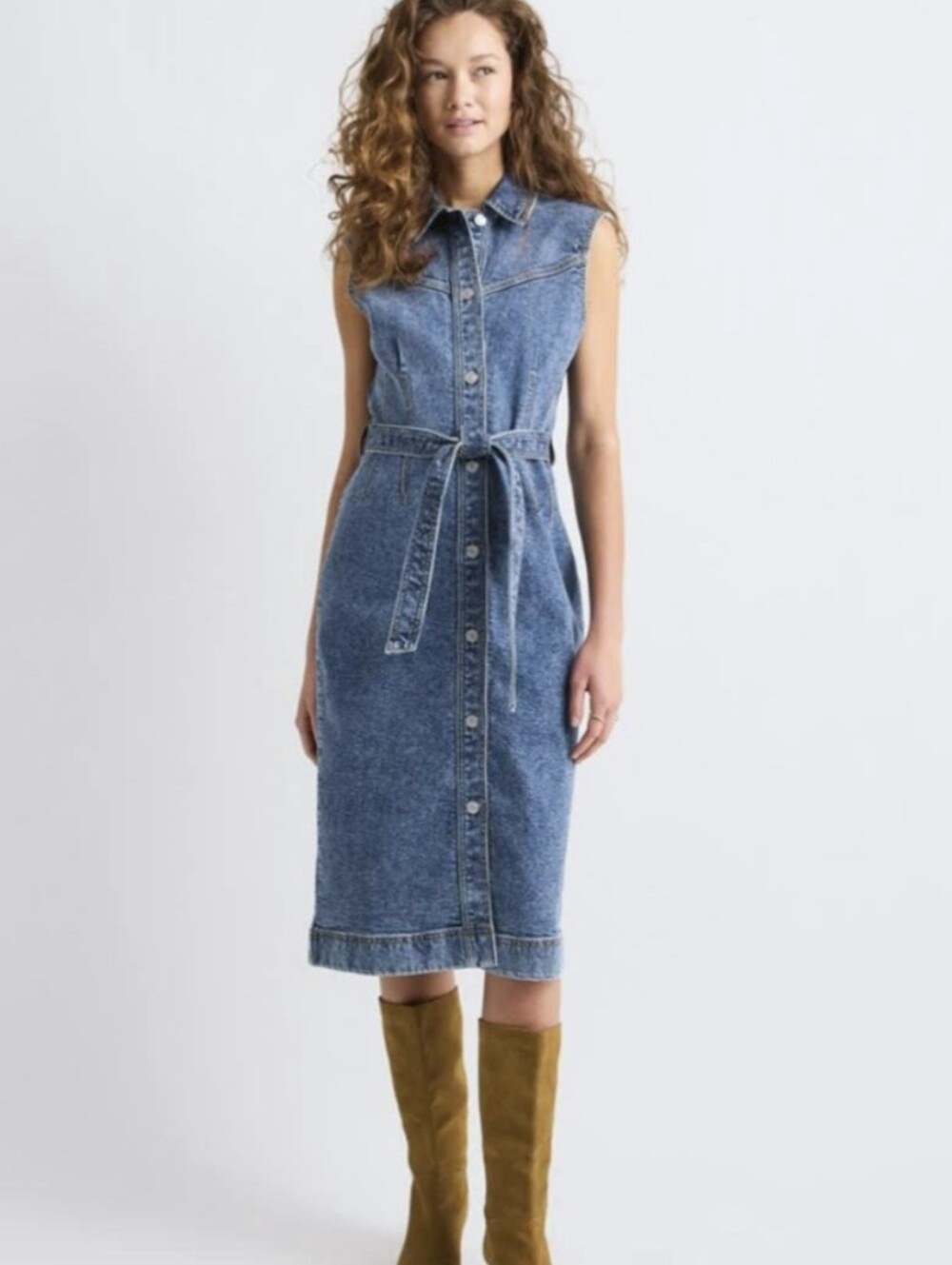 Sleeveless Blue Denim Midi Dress with Tie Belt